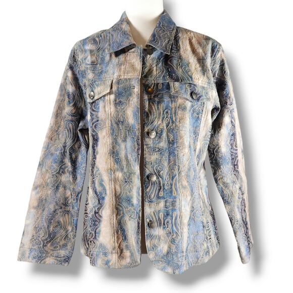 EUC Analogy Textured Embroidered Boho Button Up Jacket Sz. XL Gray Blue Cream - Picture 2 of 6